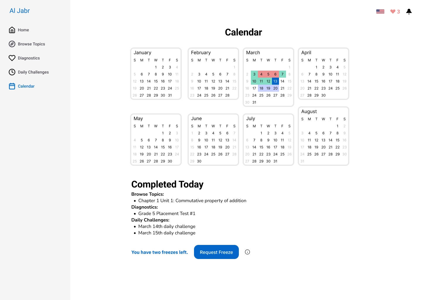 A calendar on Al Jabr with dates marked with various colors.