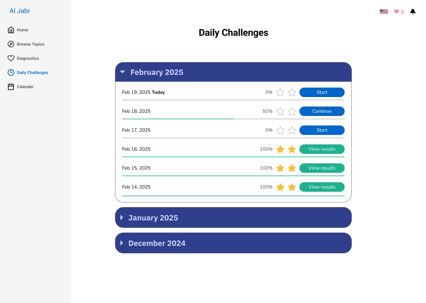 A list of daily challenges on Al Jabr
