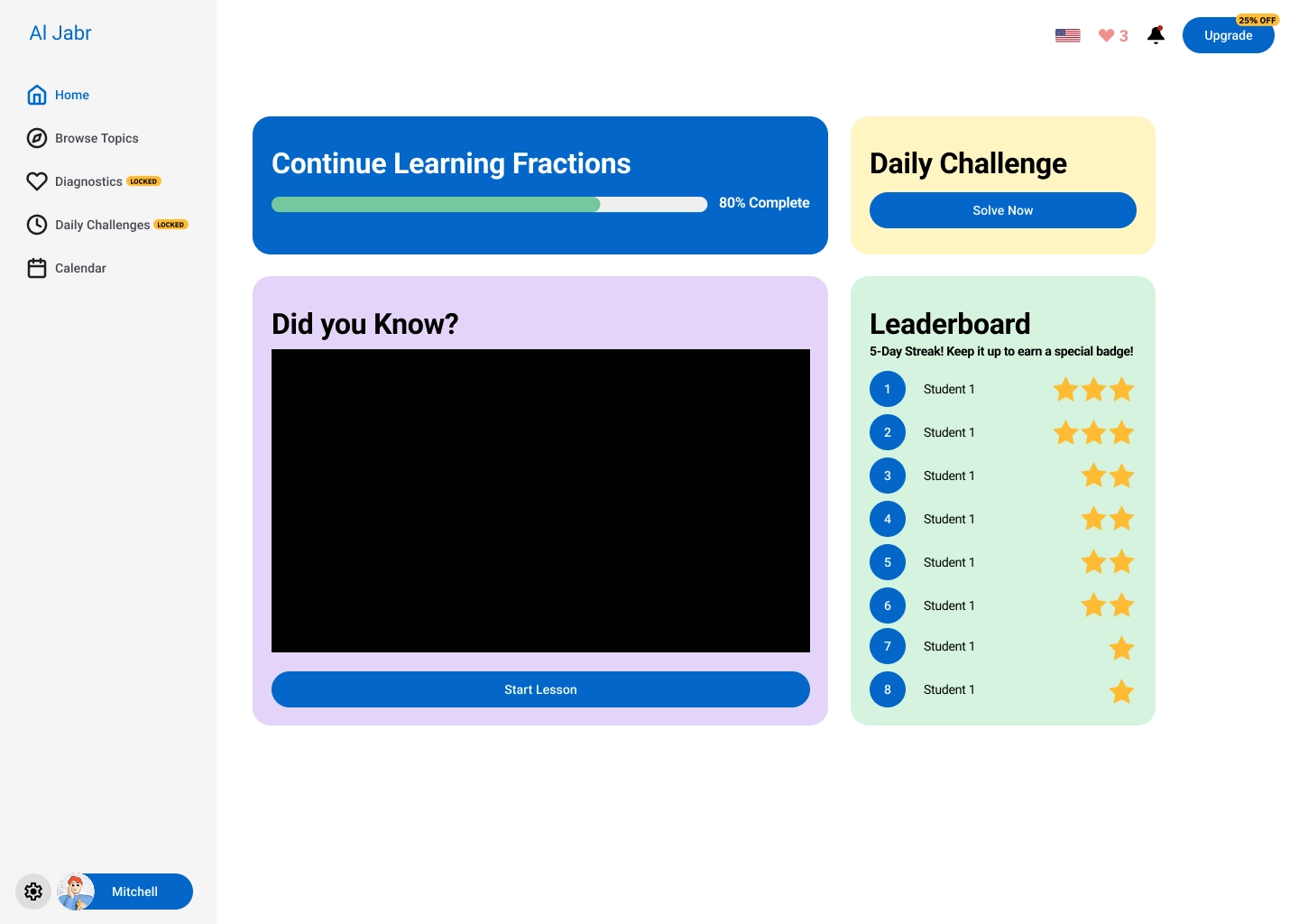 A dashboard on Al-Jabr with a section for viewing learning progress, a section for starting a daily challenge, a video lecture, and a leaderboard.