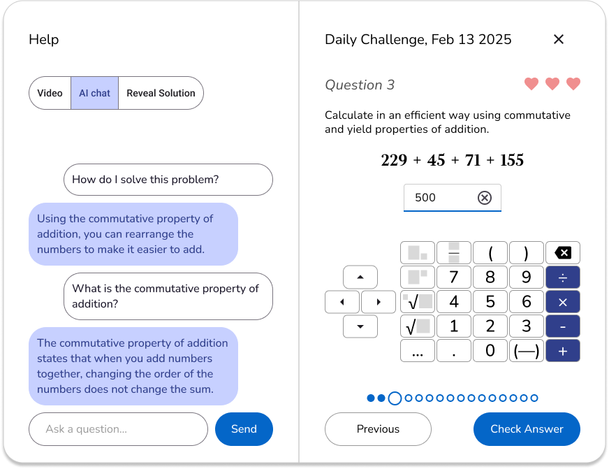 A math problem above an onscreen keyboard, with an AI chat window to the left